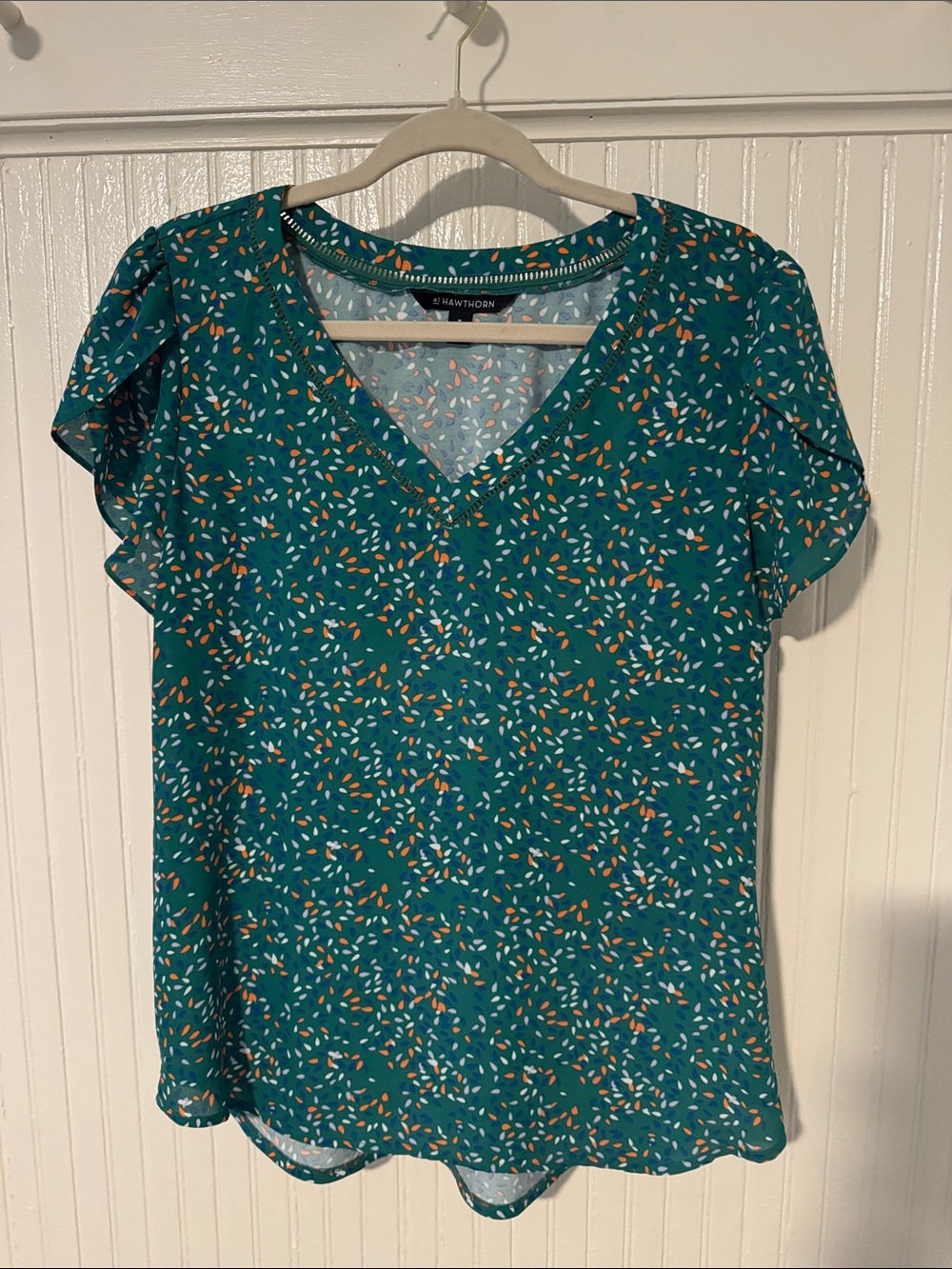 41 Hawthorn Teal V-Neck Flutter Sleeve Blouse with Leaf Print